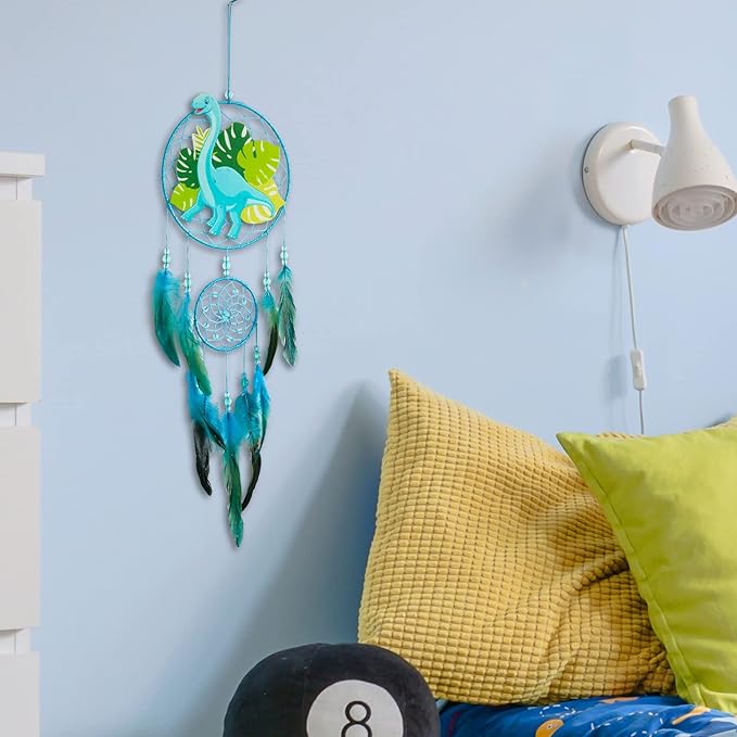 Basumee Dream Catcher for Kids Feather Dream Catchers Handmade Home Decor Wall Hanging with Double Ring for Nursery Bedroom Boys Room, Light Blue Dinosaur