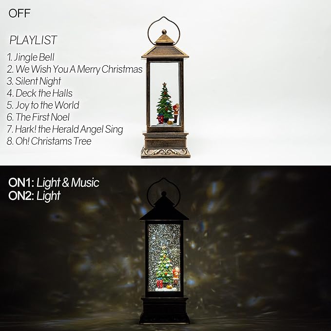 12" Christmas Snow Globe Lantern with Christmas Tree and Gift - Water Swirling Glitter LED Light Lantern with Music - Vintage Xmas Gifts - USB Plug or Battery Operated Home Decor (Christmas tree Gift)