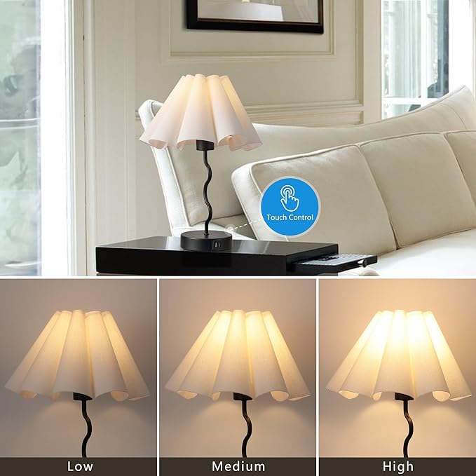 EOEYYOYB Pleated Table Lamp, Set of 2 Table Lamps for Bedroom, Bedside Lamps for Nightstand with Linen Lampshade, Modern Lamp for Bedroom Home Office Decor, Black