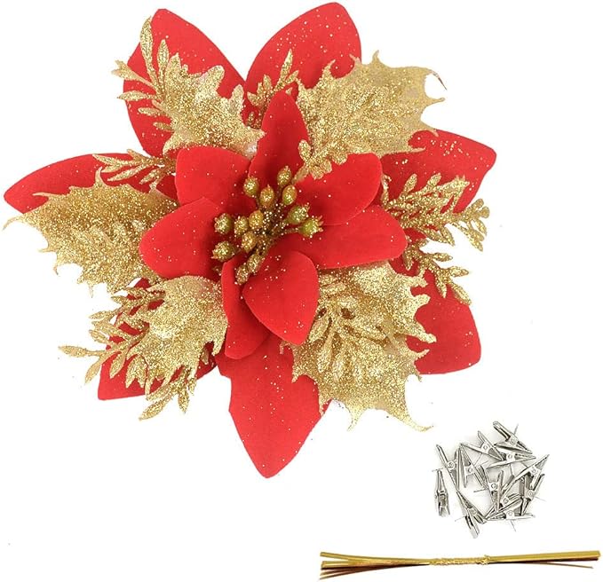 Gardeningwill Pack of 12 Red 5 Inch Glitter Flower Shape Christmas Hanging Ornaments Party Decorating Supplies