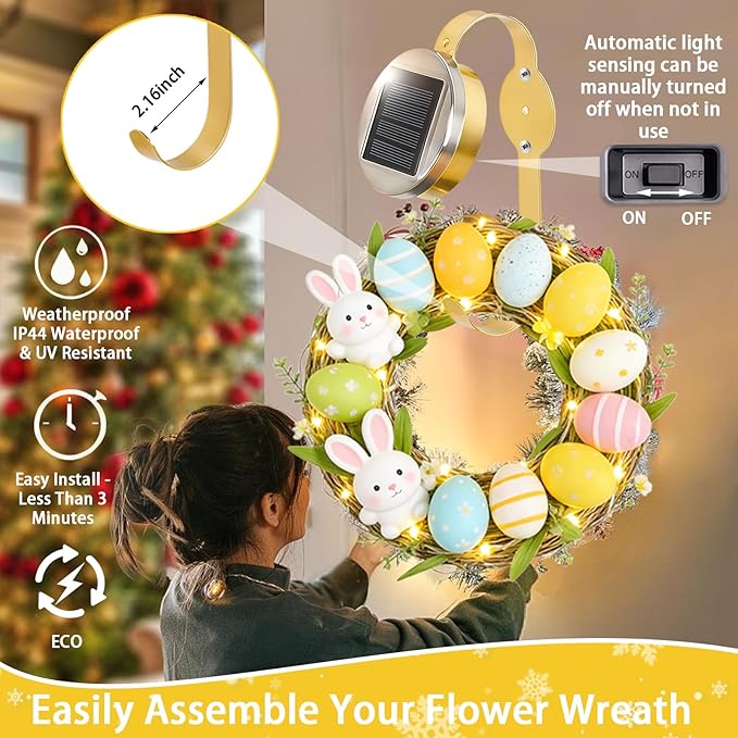 Solar Easter Wreath Hangers for Front Door with LED Lights, Compatible with Lighted Wreaths,Holiday Decorations. Large Suction Cup Metal Hook for Glass Window Outdoor Porch