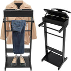 Wood Mens Valet Stand With Shoe Shelf, Coat Hanger and Hat Rack - Freestanding Suit Stand and Clothes Butler With Storage Organizer (Black)
