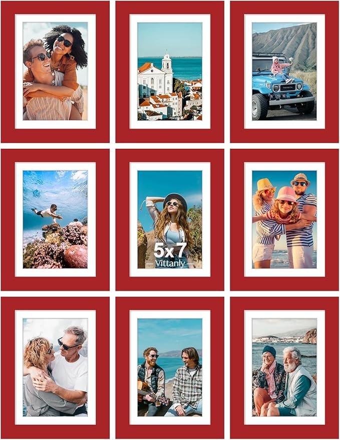 Vittanly 5x7 Picture Frames Set of 9, Shatter Resistant Plexiglass, Display 4x6 Pictures with Mat or 5x7 without Mat, Photo Frames for Wall or Tabletop, Engineered Wood, Red