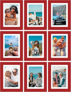 Vittanly 5x7 Picture Frames Set of 9, Shatter Resistant Plexiglass, Display 4x6 Pictures with Mat or 5x7 without Mat, Photo Frames for Wall or Tabletop, Engineered Wood, Red