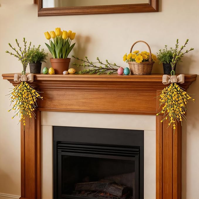 Forsythia Spring Teardrop Swag, 2Pcs Artificial Spring Summer Floral Hanging Swags with Bow for Door Wall Mantel Window Wedding Home Decor (Yellow)