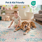 Lessymo Floral Washable Area Rugs 6x9, Soft Pink Rugs for Living Room Bedroom Nursery Dining Room, Vintage Carpet Mat Low Pile Non Slip Stain Resistance Distressed Retro Indoor, Pink Green
