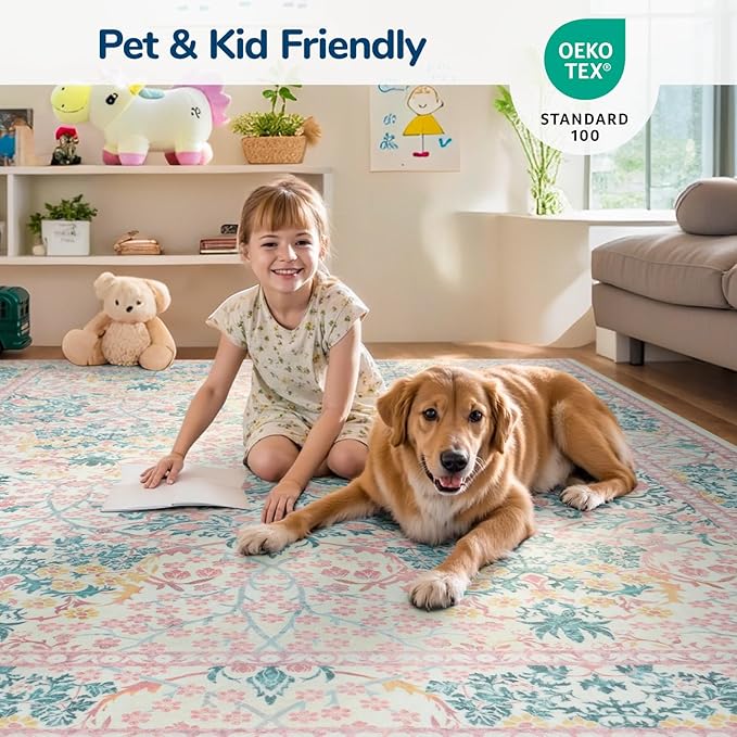 Lessymo Floral Washable Area Rugs 6x9, Soft Pink Rugs for Living Room Bedroom Nursery Dining Room, Vintage Carpet Mat Low Pile Non Slip Stain Resistance Distressed Retro Indoor, Pink Green