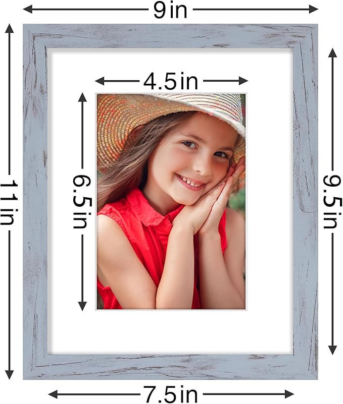 Vittanly 8x10 Picture Frames Set of 9, Shatter Resistant Plexiglass, Display 5x7 Pictures with Mat or 8x10 without Mat, Photo Frames for Wall or Tabletop, Engineered Wood, Vintage Blue-Gray