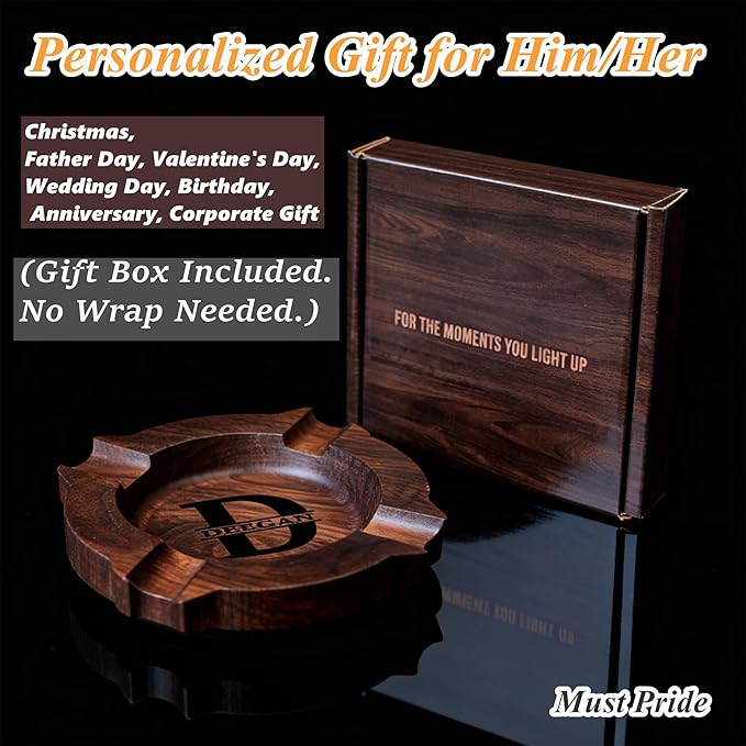 Personalized Name Walnut Cigar Ash Tray for Men Custom Wooden Cigar Ashtray for Outdoors Engraved Monogramed Ashtray Gifts for Father's Day Husband Fathers Groomsmen Papa Grandpa from Daughter Wife