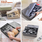 AARAINBOW 2 Packs Underwear Socks Storage Organizer with Lids Foldable Closet Drawer Organizer 46 Cells, Drawer Organizer Bins for Ties Scarves Lingerie Bra Fabric Dividers (30+16 Cell, 2 Gray)