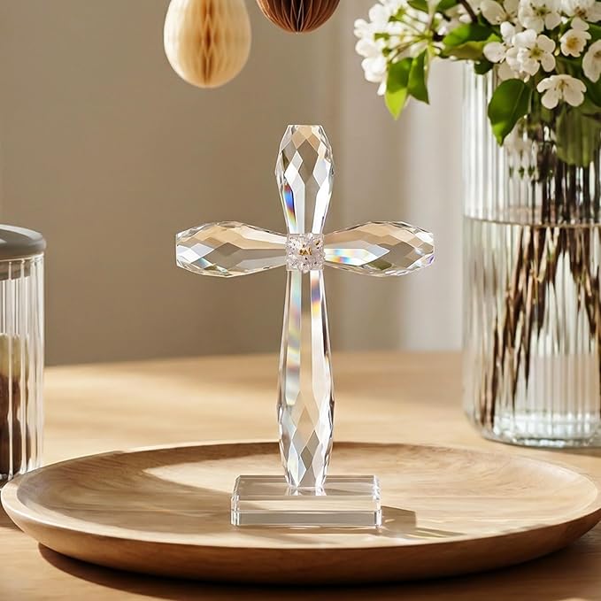YWHL Crystal Standing Cross Decor, Religious Easter Gifts for Women Men, Handmade Glass Holy Cross Collectible Figurines for Home Decoration, Christmas Decoration for Pary