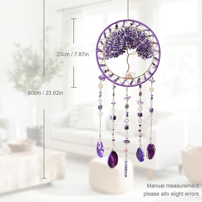 Tree Life Dream Catcher and Sun Catcher, Handmade Healing Crystal Boho Window Hanging for Home Decor, Rainbow Maker Wall Decor, for Women, Housewarming (Purple)