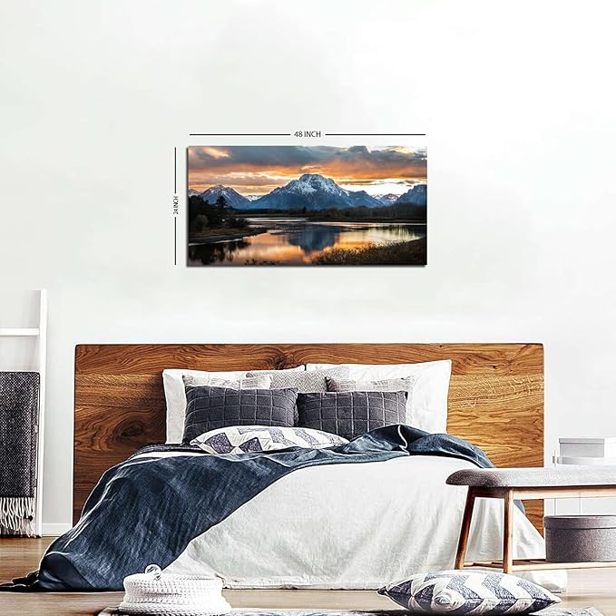 Grand Teton Mountain Wall Art National Park Posters Sunset Oxbow Bend Scenery Wall Picture Snake River Landscape Wall Art Nature Wyoming Painting Artwork for Living Room Bedroom Home Decoration 24x48"