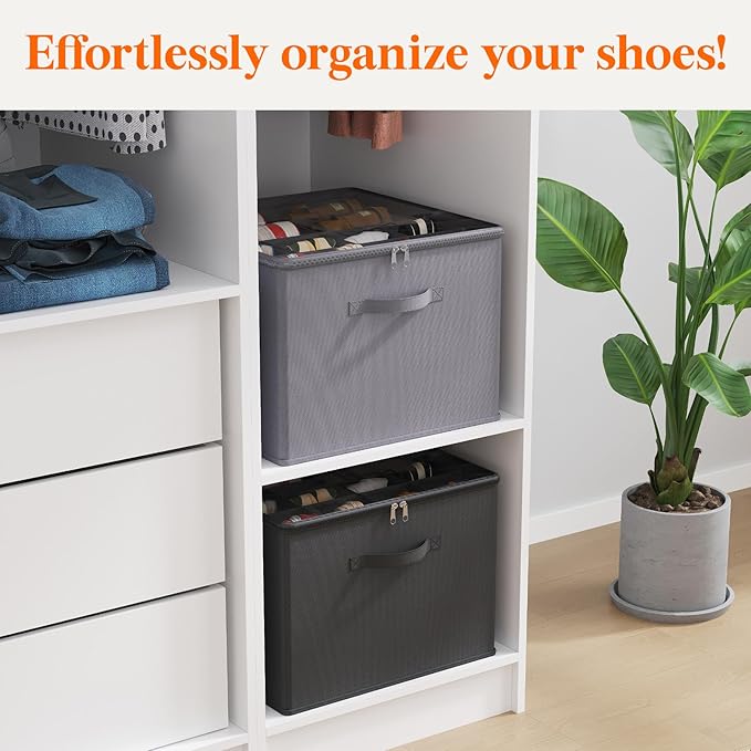 Lifewit Shoe Storage Organizer for Closet, Fabric Large Shoe Box Storage Containers with Clear Cover, Foldable Bins for Boots Heels Sneakers Fits 48-64 Pairs (Each 12-16 Pairs) 4 Pack Gray