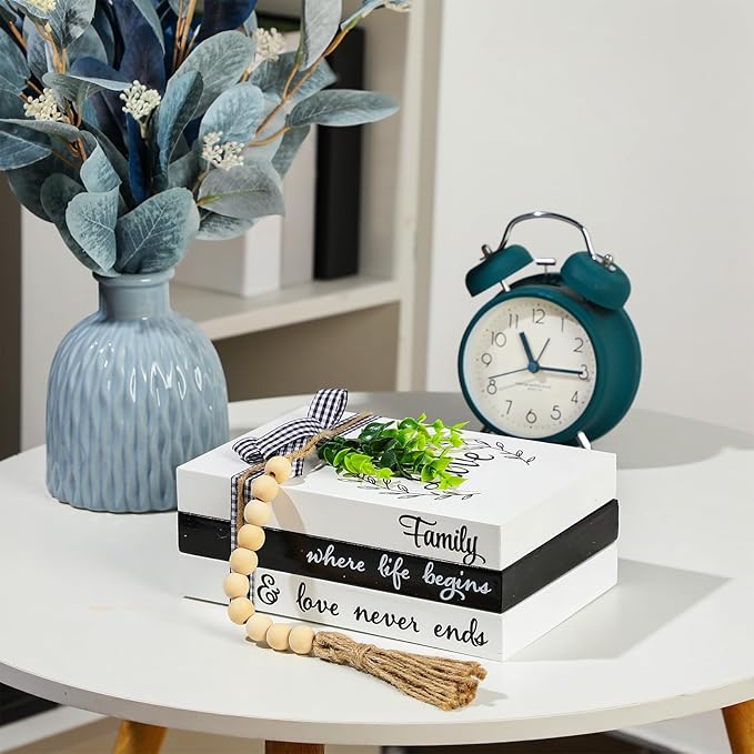 Capoda 3 Pcs Decorative Books for Home Decor Farmhouse Faux Stacked Books Wooden Rustic Table Decor with Bead Garland Twine Ribbon Faux Leaf for Table(Love)