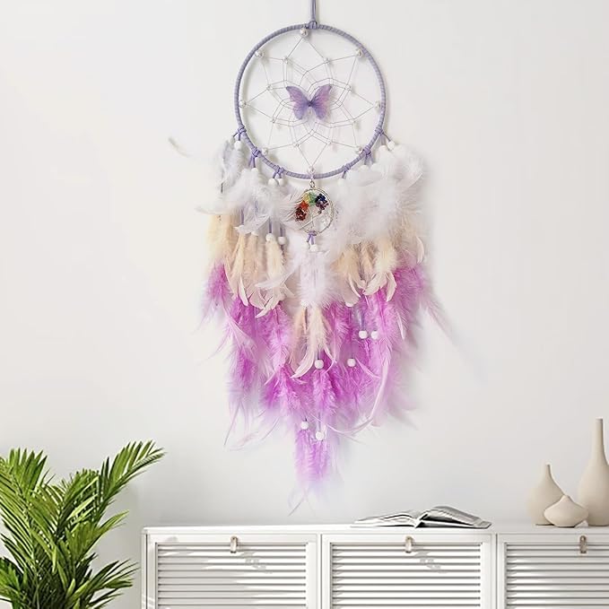Purple Dream Catcher Wall Decor Feather Dream Catchers with Crystal Tree of Life Pendant Handmade Dreamcatcher Wall Hanging Ornament for Bedroom Living Room Home Decor