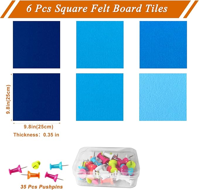 Square Felt Cork Bulletin Board Tiles, Self Adhesive DIY Felt Pin Board for Wall 30" x 20" with 35 Pushpins for Office School Home Wall Decor Stickers Memos Photos Display (Gradual Blue)