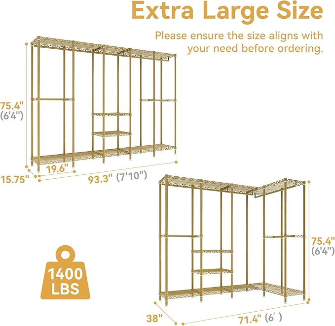 H5 Large Wire Garment Rack, Heavy Duty Clothes Racks, Wardrobe Closet Rack for Hanging Clothes, Freestanding Clothing Racks with Adjustable Shelf, 93.3" Wx15.7 Dx75.4 H, Gold, Load 1400 lbs