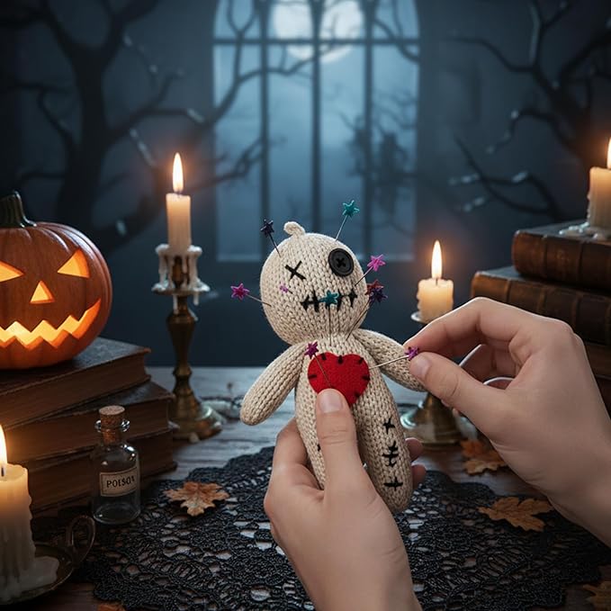 Voodoo Doll with 18 Pins, Creepy Horror Plush Stress Relief Halloween Decoration & Funny Gag Gift for Friends, Office & Party for Adult