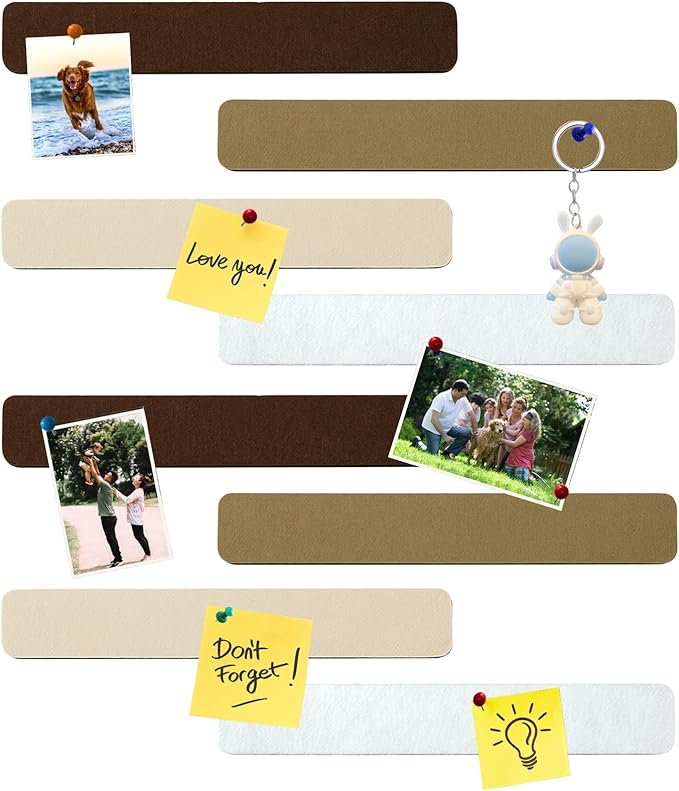 8Pcs Rectangle Felt Cork Board Bar Strips with 35 Pushpins, Self-Adhesive Bulletin Board Strips for Office School Home Wall Decor Stickers Memos Schedules Photos Display -Gradual Brown