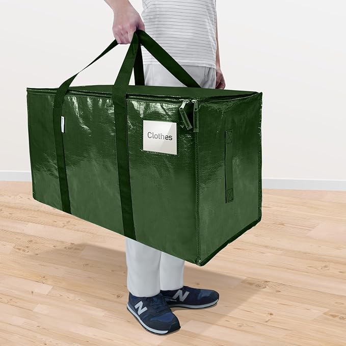 TICONN 2 Pack Extra Large Moving Bags Heavy Duty with Zippers & Carrying Handles, Durable Storage Bags Moving Boxes for Closet Organizers and Storage (2 Pack, Olive)