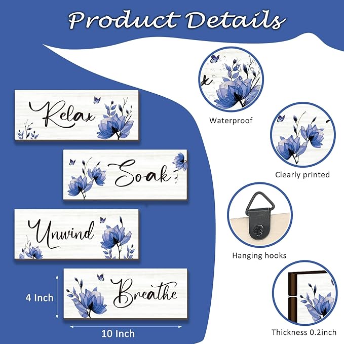 ONIZHITY Set of 4 Blue Bathroom Decor With Navy Blue Flower Wall Decor Inspire Relax Soak Unwind Breathe Rustic Farmhouse Wooden Wall Art for Bedroom Office Living Room Kitchen Decoration(Blue 10x4)