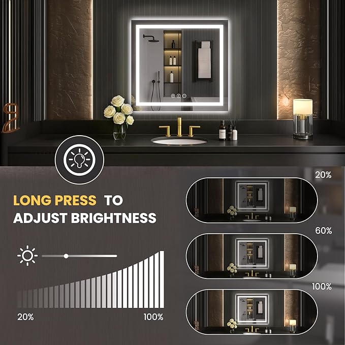 LOAAO 30"X30" LED Mirror for Bathroom, Lighted Bathroom Mirror with Lights, Anti-Fog, Dimmable, Memory Function, Clear Reflection
