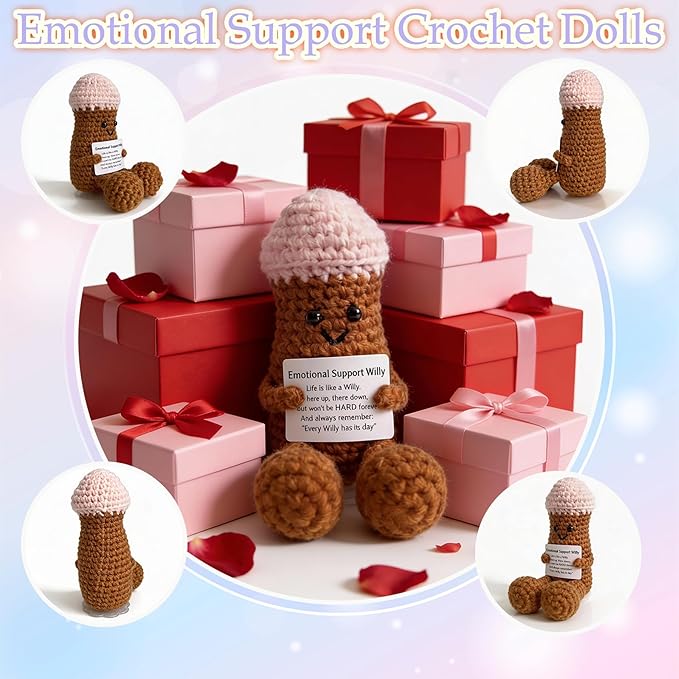 Funny Positive Crochet Animals Gag Doll Emotional Support Stuffed plushies for Men and Women Friends, Weird Things Motivational Office Decor Valentine‘s Day Gifts (Emotional Willy)