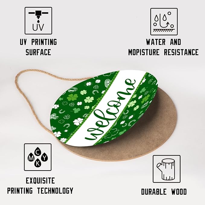 St Patricks Day Welcome Door Decoration for Home Welcome Shamrock Wreath Sign for Front Door St Patricks Day Outdoor Decorations Hanging Wooden Sign for Home Proch Spring Farmhouse 12x12 Inch