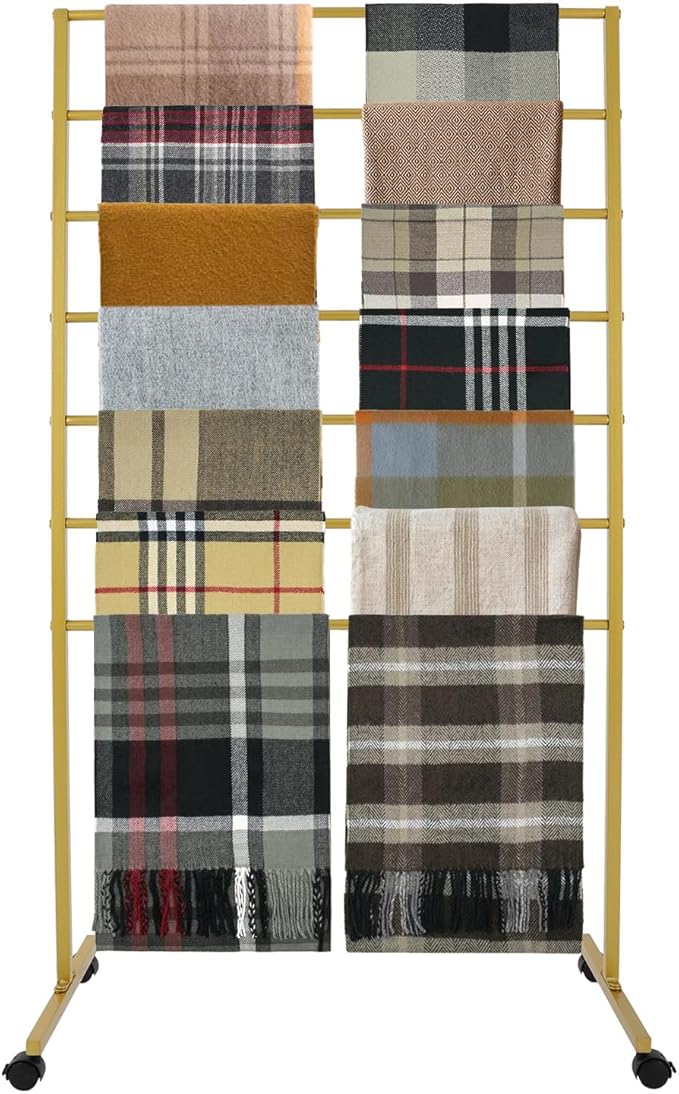 Scarf Organizer, 7-Tier Metal Scarf Display Stand with Wheels, Freestanding Scarf Display Rack, Retail Store Towel Rack, Ties Belt Pants Hanging Rack, for Boutique Display, Home (Gold-7 Rods)