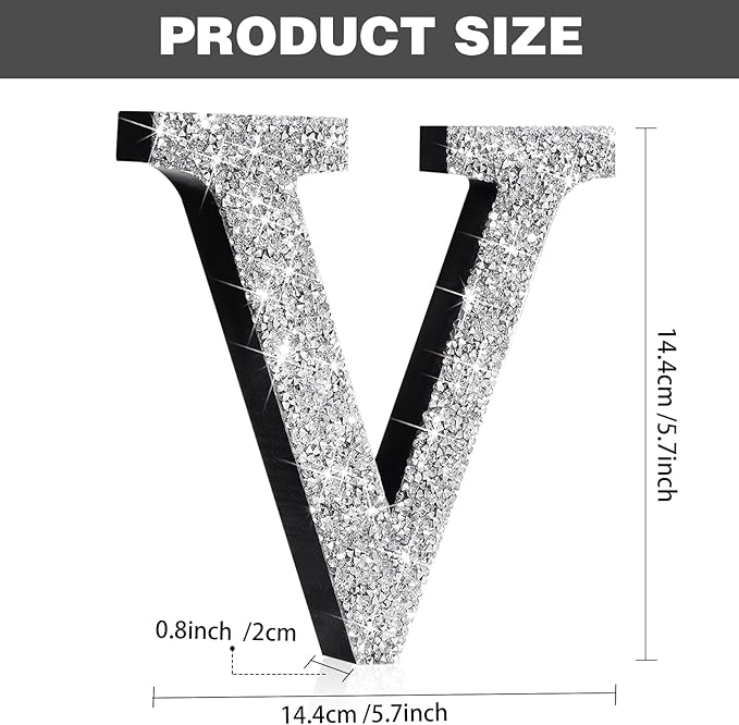 Qunclay 5.7" Silver Crystal Diamond Bling Letters Crushed Diamond Decoration Wooden Glitter Letter with Screw and Hooks Rhinestone Gift for Wedding Y2k Mcbling Bedroom Wall Decor (Letter V)