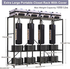 95% Assembled Heavy Duty Garmen Clothes Rack, 59" Lx68 H Freestanding Flodable Strong Portable Clothing Rracks with Cover,Black