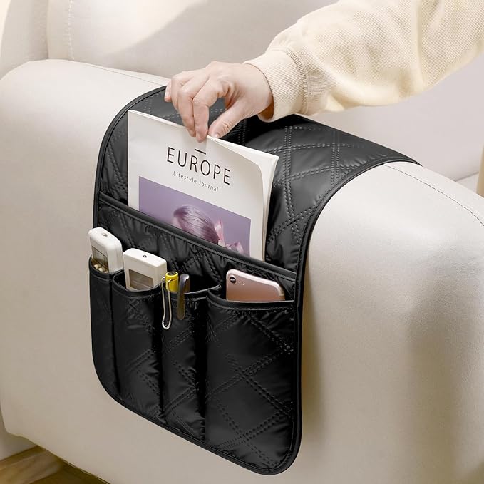 Remote Control Holder for Armchair, Couch Recliner Chair Caddy, Non-Slip Arm Chair Caddy for Recliner with 5 Pockets for Table, Ipad, Magazines, Arm Chair Bedside Caddy Storage Organizer (Black)
