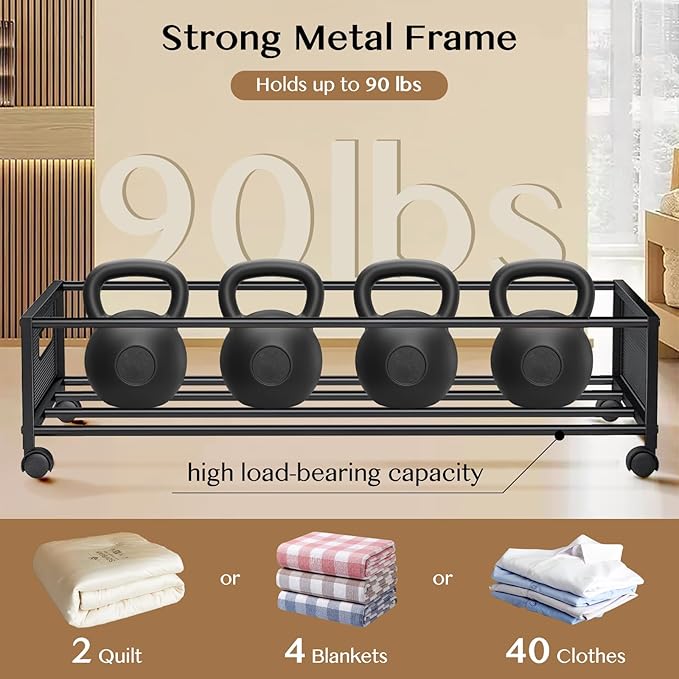 Under Bed Storage with Wheels,2 Pack Under Bed Storage Containers with Clear Lids,Under the bed storage Organizer Bins, Large Rolling Under Bed Metal Drawer for Clothes,Shoes,Blankets