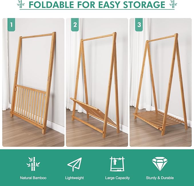 Small Clothes Rack Kids Dress Up Storage for Playroom, Toddlers Bedroom, Bamboo Child Garment Rack with Storage Shelf, Kids Clothing Rack Costumes Organizer