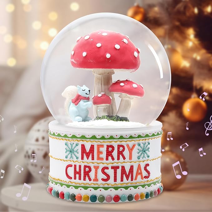 VCUTEKA Christmas Snow Globe, Musical Snow Globes for Girls with Light Up Mushroom and Squirrel, Christmas Snow Globe Decoration Gift, Battery Operated Snowglobes Christmas Décor