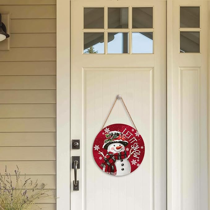 Christmas Snowman Front Door Sign Snowflake Wood Door Hanger for Outdoor Outside Porch Winter Cardinal Birds Decoration Welcome Sign Farmhouse Round Wall Hanging Xmas Wreath Decor for Home 12"x12"