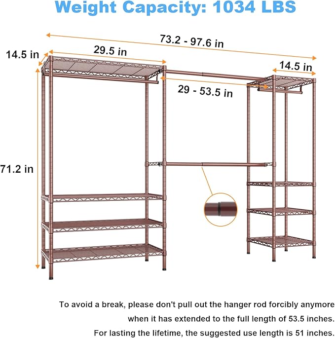 Ulif E11 Heavy-Duty Garment Rack, Metal Freestanding Clothes Rack and Closet Storage Organizer System with 8 Shelves and 4 Hanger Rods, (73.2-97.6)" W x 14.5" D x 71.2" H, Load 1034 LBS, Bronze