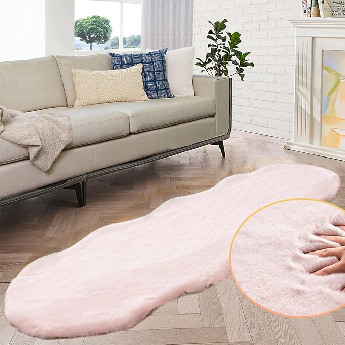 Pink Plush Washable Fluffy Fur Rugs for Living Room Shag Faux Rabbit Fuzzy Fur Area Rugs for Bedroom 2x6 Rug Oblong Nursery Rug