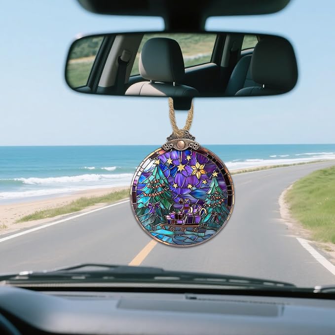 DASTOLL Stained Glass Christmas Decorations, Gold Star Purple Bow Suncatcher for Window Christmas Tree Hanging Ornaments Green Sun Catcher Xmas Decor Gifts for Women Men Mom Nana Friend