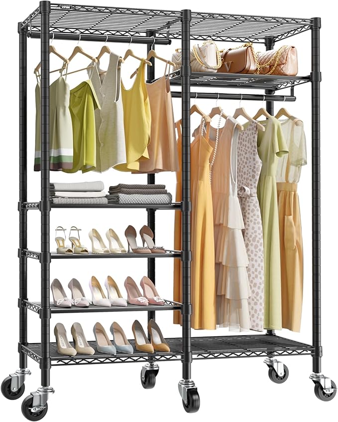 VIPEK R4 Garment Racks Heavy Duty Clothes Rack -620lb Capacity Metal Frame, Rolling Lockable Wheels & 6 Tiers Adjustable Height Shelves & Hanger Rods, Sturdy Wardrobe Closet for Home Storage, Black