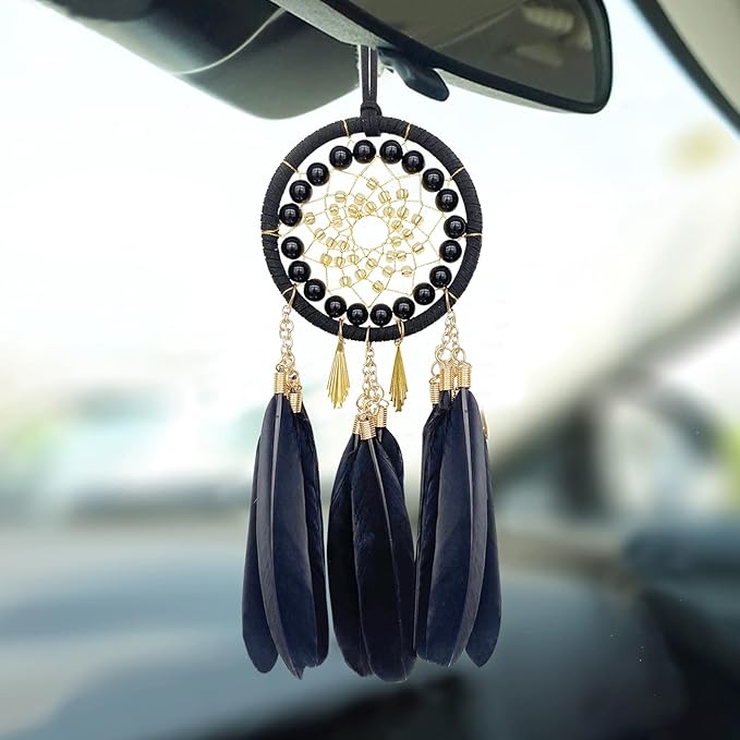 Handmade Small Dream Catcher Black for Car Rear View Mirror Accessories, Jiyamony Hanging Ornaments Car Mirror Hanging Accessories Ornament Decor