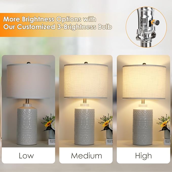JUNNAI 24.5" White Ceramic Table Lamp 3-Way Dimmable Nightstand with White Linen Shade Bedside Lamp for Bedrooms & Living Room Office Reading(Bulb Included)