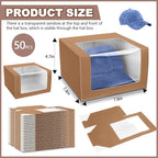 50 Pcs 50 Pack Hat Boxes with Clear Window, Foldable Black Gift Boxes for Baseball Caps, Storage, Display and Shipping (Brown)