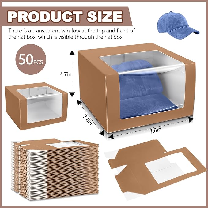 50 Pcs 50 Pack Hat Boxes with Clear Window, Foldable Black Gift Boxes for Baseball Caps, Storage, Display and Shipping (Brown)
