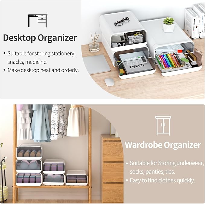 Underwear Organizer Drawer, 24 Cells Plastic Sock Underwear Storage Drawer, Stackable Closet Organizers and Storage Box for Bras, Socks, Scarves, Ties, Belt (King Size-White, 1 Pcs)