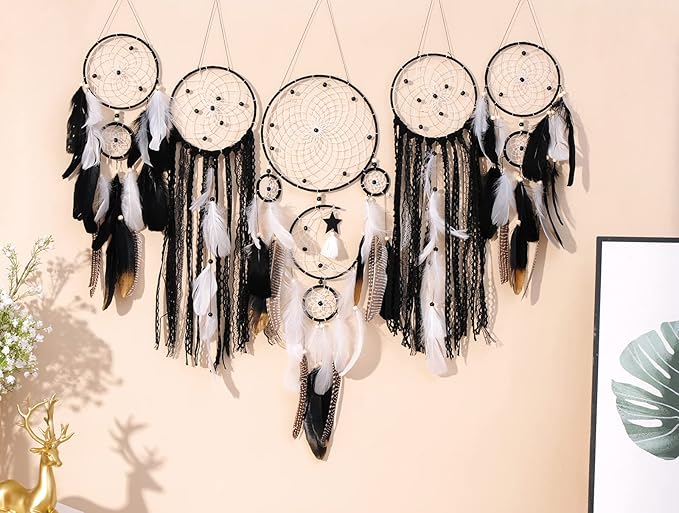 5 Pack Dream Catchers Boho Wall Decor Moon and Sun Feather Handmade Traditional Dream Catcher Wall Hanging Decor for Bedroom Living Room Home Halloween Decorations Witchy Gifts (Black Set)