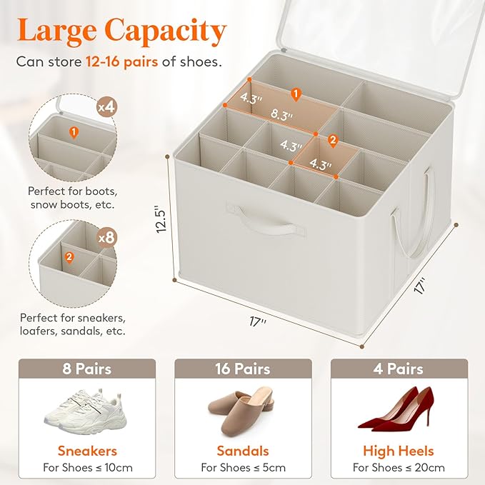 Lifewit Shoe Storage Organizer for Closet, Fabric Large Shoe Box Storage Containers with Clear Cover, Foldable Bins for Boots Heels Sneakers Fits 36-48 Pairs (Each 12-16 Pairs) 3 Pack White