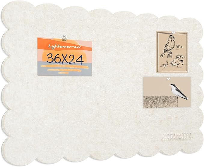 Scalloped Bulletin Board, 36 x 24 Inches Felt Pin Board - Decorative Cork Alternative for Wall, 3' x 2' Foldable Picture Self-Adhesive Vision Prayer Board with 20 Pushpins - Oatmeal