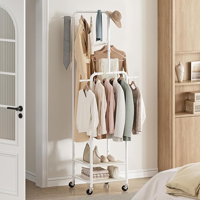 Chrislley Small Clothing Rack With Wheels, 71" Portable Rolling Garment Rack With 2 Shelves and 6 Hooks, 3-Section Different Heights Heavy Duty Metal Clothes Rack For Coats, Shirts, Bags, Shoes, White